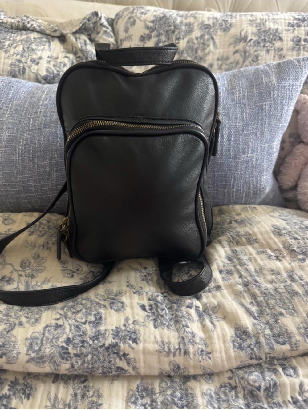 margot Black Mini Leather Backpack with Gold Zippers
